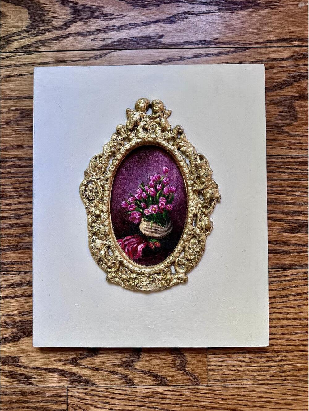 Original Oil Painting “Tulips” in Vintage Wooden Frame